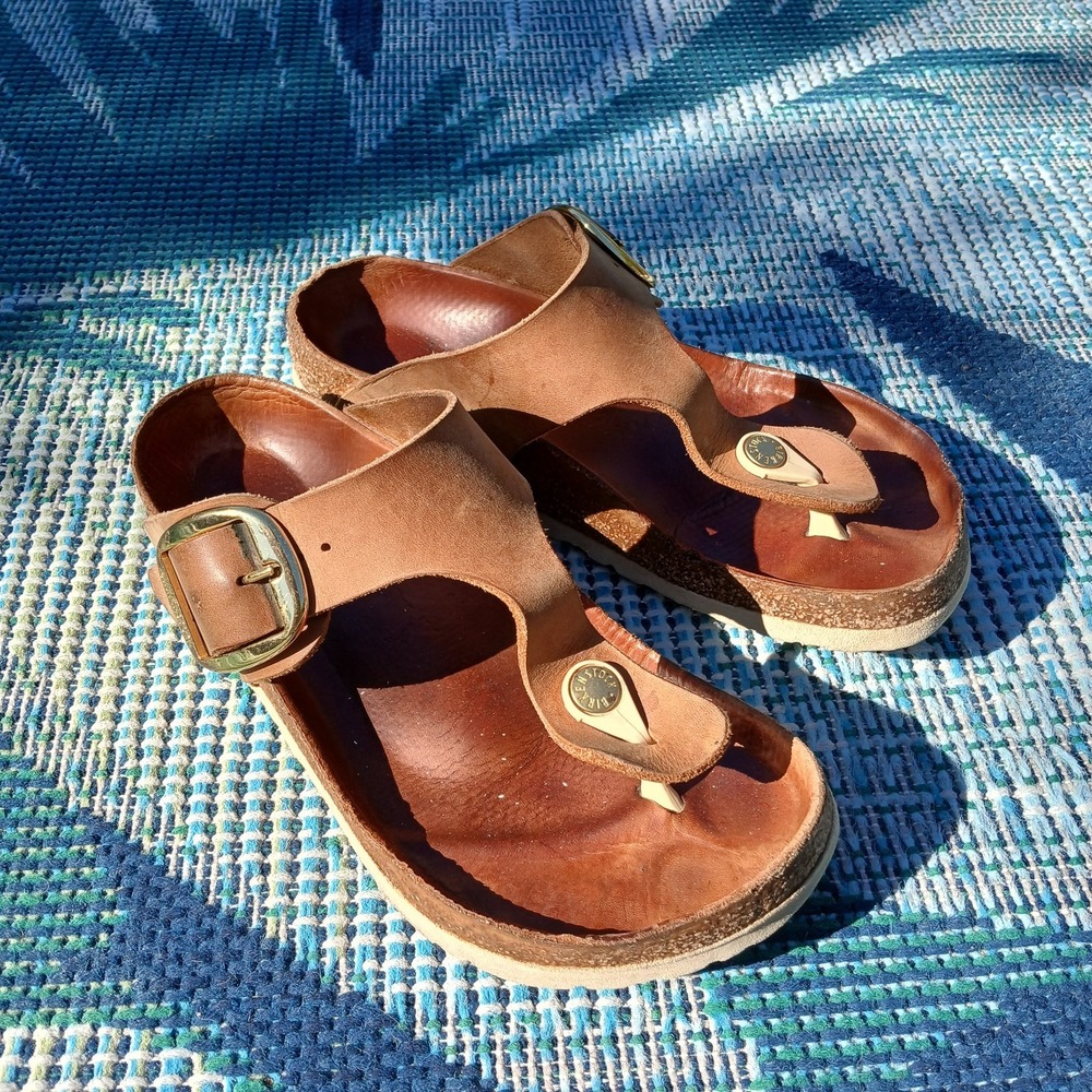 Birkenstock Gizeh Big Buckle Oiled Leather Thong Sandals Cognac Germany 37/6.5